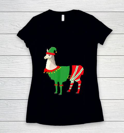 Llama in Elf costume Funny Llama Christmas Pajama Women's V-Neck T-Shirt