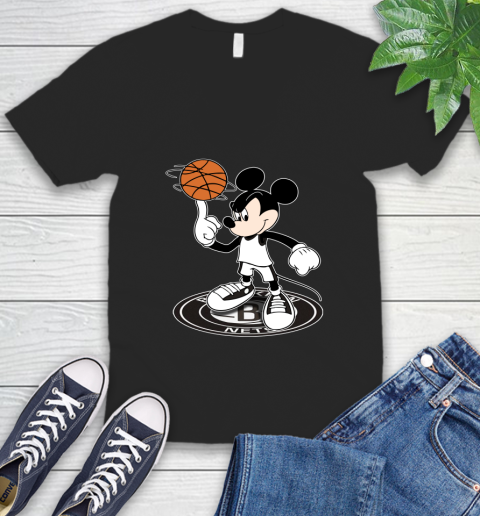 NBA Basketball Brooklyn Nets Cheerful Mickey Disney Shirt V-Neck T-Shirt