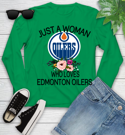 NHL Just A Woman Who Loves Edmonton Oilers Hockey Sports Youth Long Sleeve 4