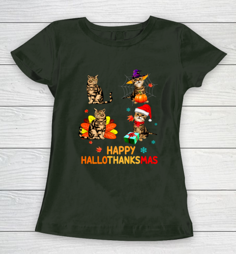 Cat Halloween Thanksgiving Christmas Happy Hallothanksmas Women's T-Shirt 4