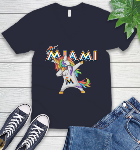Miami Marlins MLB Baseball Funny Unicorn Dabbing Sports V-Neck T-Shirt 3