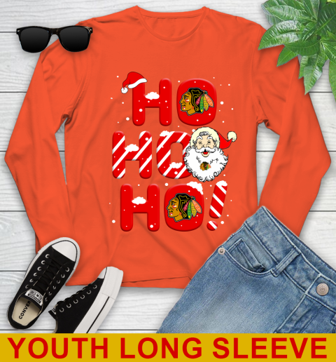 Chicago Blackhawks NHL Hockey Ho Ho Ho Santa Claus Merry Christmas Shirt Youth Long Sleeve 3