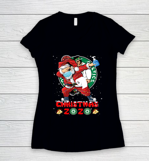 Boston Celtics Funny Santa Claus Dabbing Christmas 2020 NBA Women's V-Neck T-Shirt