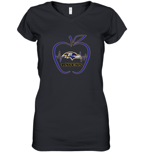 Apple Heartbeat Teacher Symbol Baltimore Ravens Women's V-Neck T-Shirt
