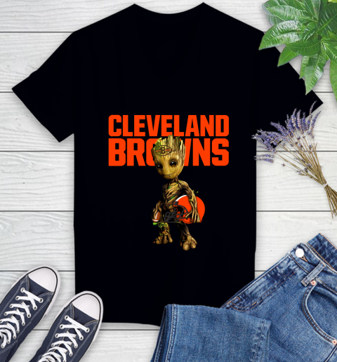 Cleveland Browns NFL Football Groot Marvel Guardians Of The Galaxy Women's V-Neck T-Shirt 2