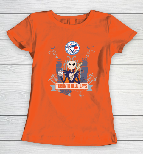 MLB Toronto Blue Jays Baseball Jack Skellington Halloween Women's T-Shirt 3