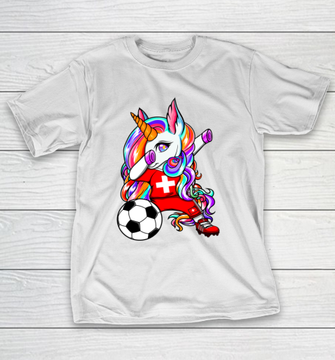Dabbing Unicorn Switzerland Soccer Fans Jersey Flag Football T-Shirt