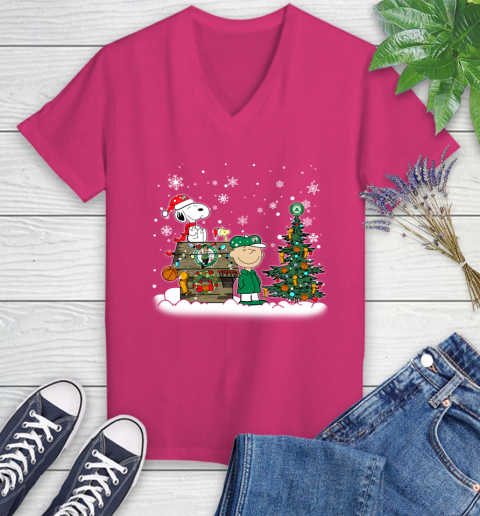 Boston Celtics NBA Basketball Christmas The Peanuts Movie Snoopy Championship Women's V-Neck T-Shirt 9