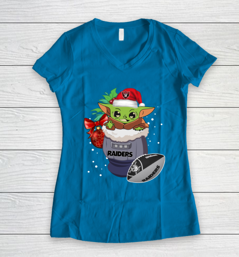 Oakland Raiders Christmas Baby Yoda Star Wars Funny Happy NFL Women's V-Neck T-Shirt 7