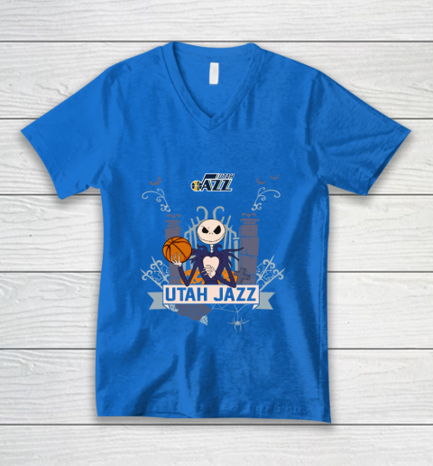 NBA Utah Jazz Basketball Jack Skellington Halloween V-Neck T-Shirt 5