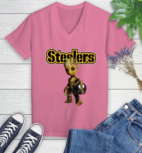 Pittsburgh Steelers NFL Football Groot Marvel Guardians Of The Galaxy Women's V-Neck T-Shirt 13