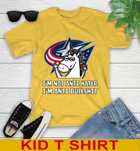 Columbus Blue Jackets NHL Hockey Unicorn I'm Not Anti Hater I'm Anti Bullshit Youth T-Shirt 8
