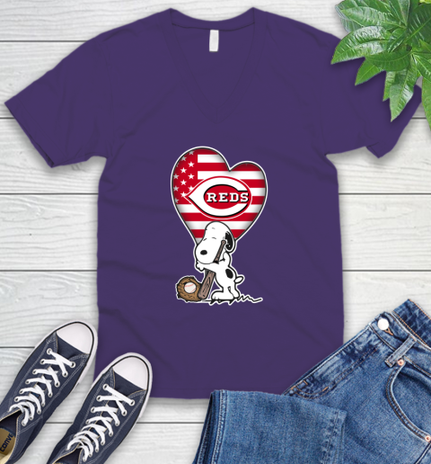 Cincinnati Reds MLB Baseball The Peanuts Movie Adorable Snoopy V-Neck T-Shirt 10