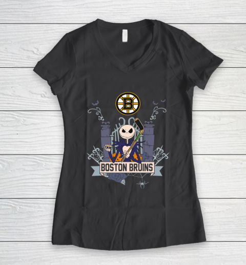 NHL Boston Bruins Hockey Jack Skellington Halloween Women's V-Neck T-Shirt 6