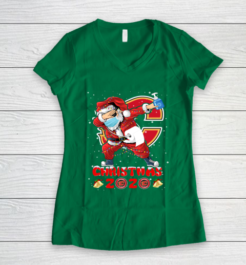 Calgary Flames Funny Santa Claus Dabbing Christmas 2020 NHL Women's V-Neck T-Shirt 3