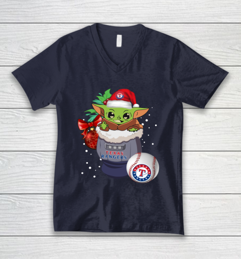 Texas Rangers Christmas Baby Yoda Star Wars Funny Happy MLB V-Neck T-Shirt 3