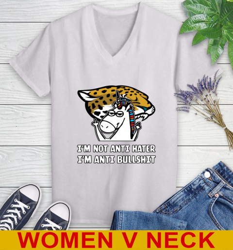 Jacksonville Jaguars NFL Football Unicorn I'm Not Anti Hater I'm Anti Bullshit Women's V-Neck T-Shirt