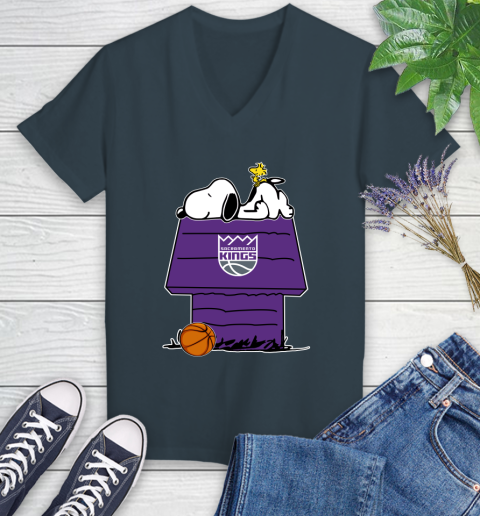 Sacramento Kings NBA Basketball Snoopy Woodstock The Peanuts Movie Women's V-Neck T-Shirt 8