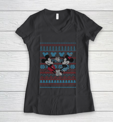 Disney Mickey And Minnie Mouse Christmas Ugly Sweater Style Women s V Neck T Shirt Tee For Sports