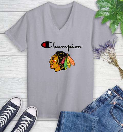 NHL Hockey Chicago Blackhawks Champion Shirt Women's V-Neck T-Shirt 2