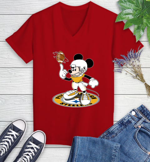 NFL Football Pittsburgh Steelers Cheerful Mickey Disney Shirt Women's V-Neck T-Shirt 10