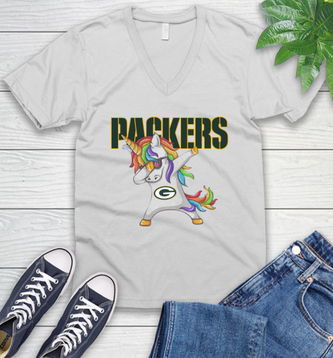 Green Bay Packers NFL Football Funny Unicorn Dabbing Sports V-Neck T-Shirt