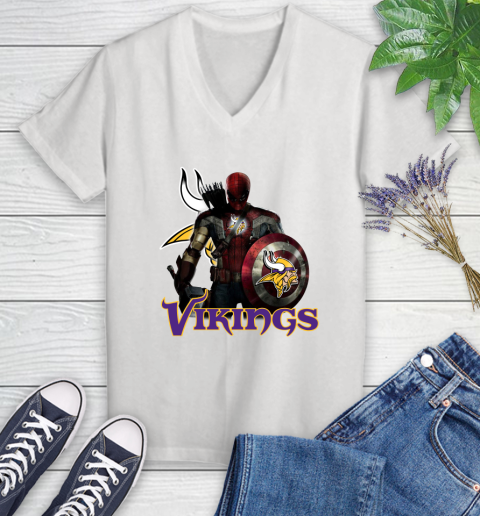 NFL Captain America Thor Spider Man Hawkeye Avengers Endgame Football Minnesota Vikings Women's V-Neck T-Shirt