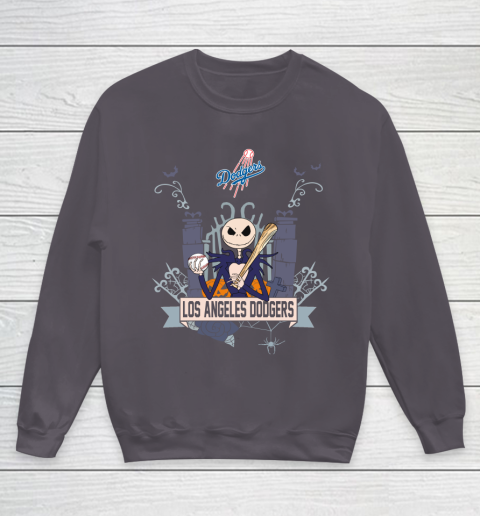 MLB Los Angeles Dodgers Baseball Jack Skellington Halloween Youth Sweatshirt 5