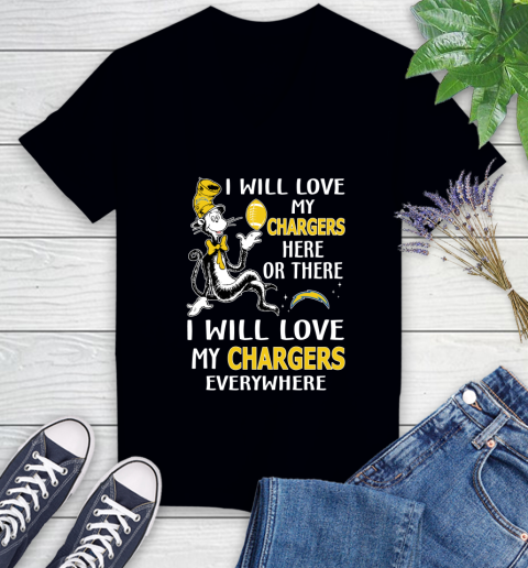 NFL Football Los Angeles Chargers I Will Love My Chargers Everywhere Dr Seuss Shirt Women's V-Neck T-Shirt