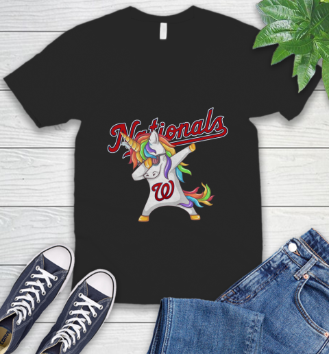 Washington Nationals MLB Baseball Funny Unicorn Dabbing Sports V-Neck T-Shirt 2