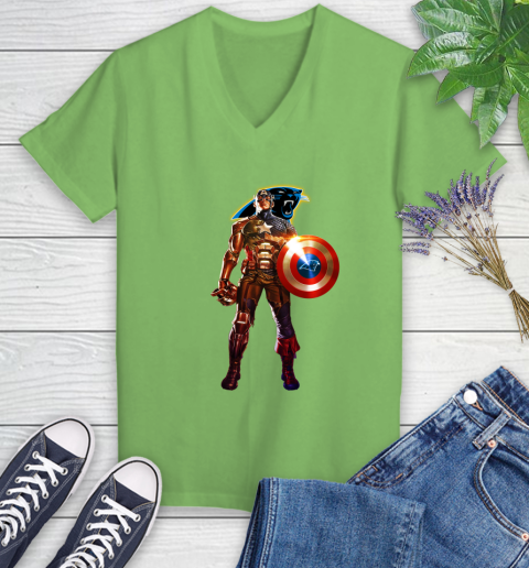 NFL Captain America Marvel Avengers Endgame Football Sports Carolina Panthers Women's V-Neck T-Shirt 11