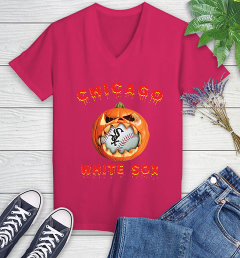 MLB Chicago White Sox Halloween Pumpkin Baseball Sports Women's V-Neck T-Shirt 9