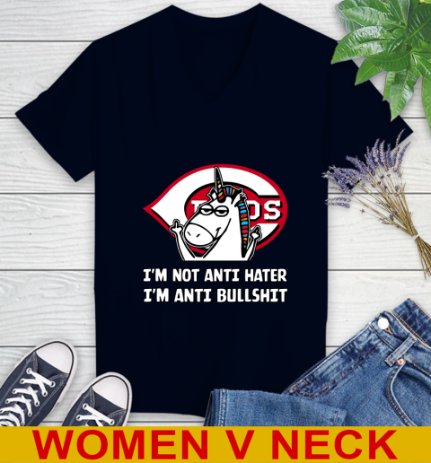 Cincinnati Reds MLB Baseball Unicorn I'm Not Anti Hater I'm Anti Bullshit Women's V-Neck T-Shirt 3