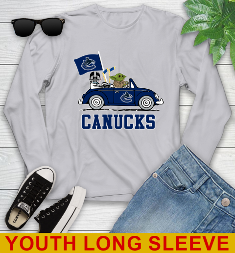 NHL Hockey Vancouver Canucks Darth Vader Baby Yoda Driving Star Wars Shirt Youth Long Sleeve 6