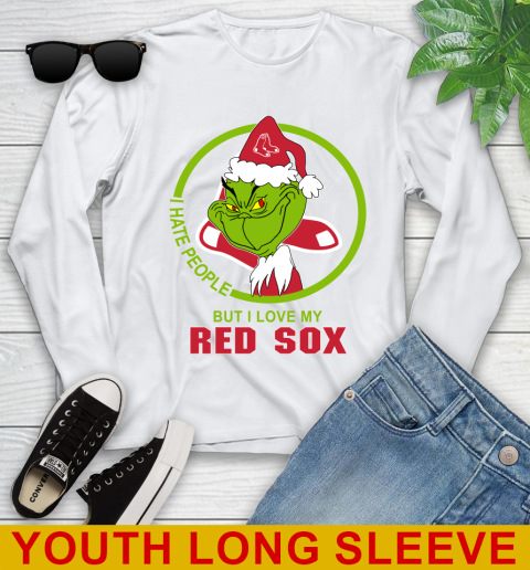 Boston Red Sox MLB Christmas Grinch I Hate People But I Love My Favorite Baseball Team Youth Long Sleeve