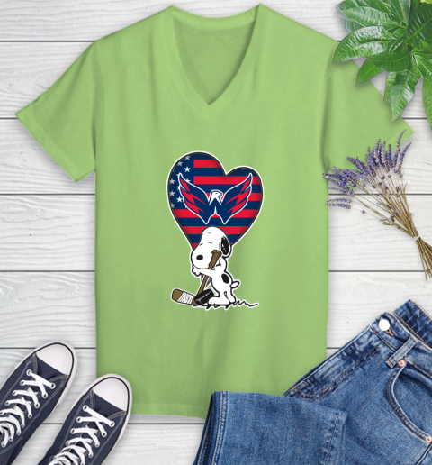 Washington Capitals NHL Hockey The Peanuts Movie Adorable Snoopy Women's V-Neck T-Shirt 11