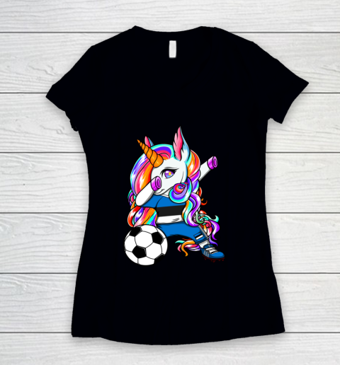 Dabbing Unicorn Estonia Soccer Fans Jersey Estonian Football Women's V-Neck T-Shirt