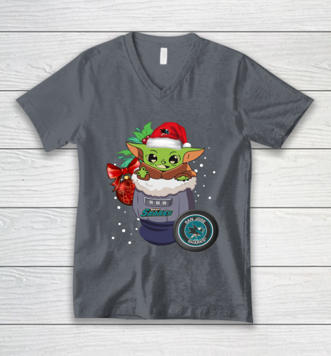 San Jose Sharks Christmas Baby Yoda Star Wars Funny Happy NHL V-Neck T-Shirt 5