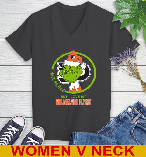 Philadelphia Flyers NHL Christmas Grinch I Hate People But I Love My Favorite Hockey Team Women's V-Neck T-Shirt 9