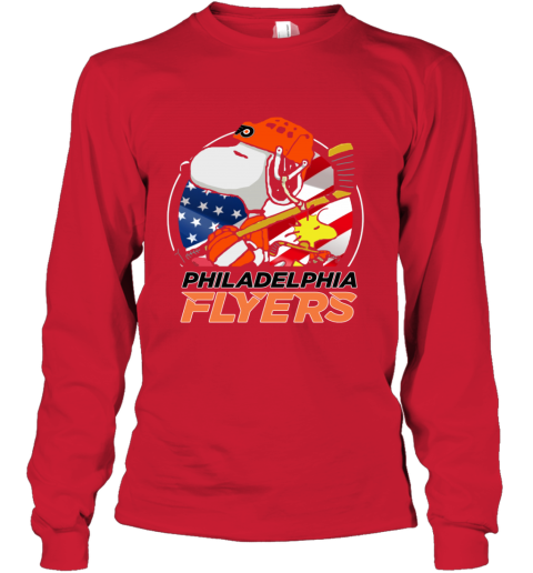 0hay philadelphia flyers snoopy and woodstock nhl youth long sleeve 50 front red