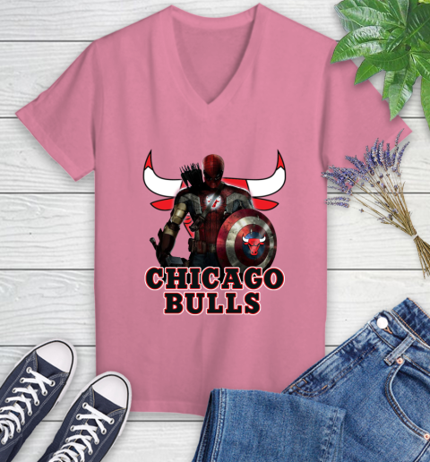Chicago Bulls NBA Basketball Captain America Thor Spider Man Hawkeye Avengers Women's V-Neck T-Shirt 13