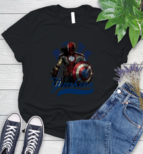 MLB Captain America Thor Spider Man Hawkeye Avengers Endgame Baseball New York Yankees Women's T-Shirt 2