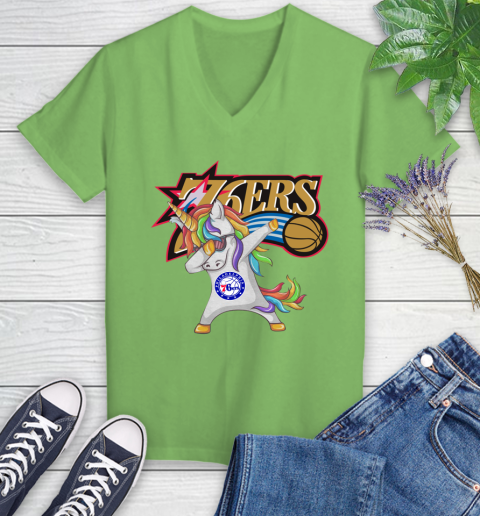 Philadelphia 76ers NBA Basketball Funny Unicorn Dabbing Sports Women's V-Neck T-Shirt 11