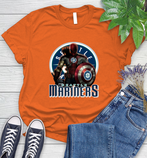 MLB Captain America Thor Spider Man Hawkeye Avengers Endgame Baseball Seattle Mariners Women's T-Shirt 4