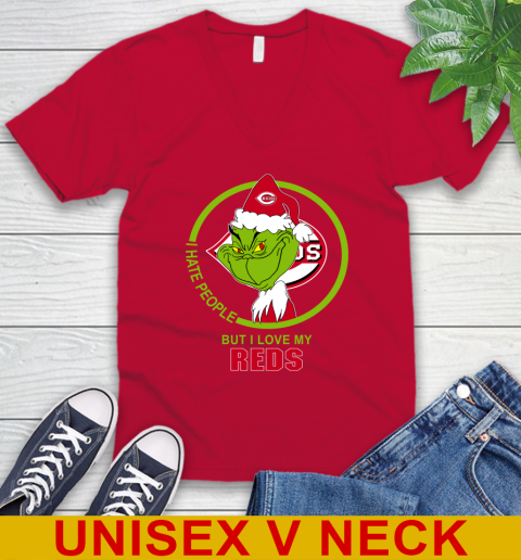 Cincinnati Reds MLB Christmas Grinch I Hate People But I Love My Favorite Baseball Team V-Neck T-Shirt 7