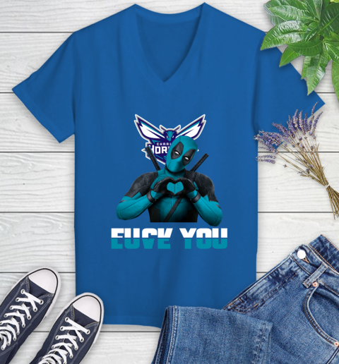 NBA Charlotte Hornets Deadpool Love You Fuck You Basketball Sports Women's V-Neck T-Shirt 10