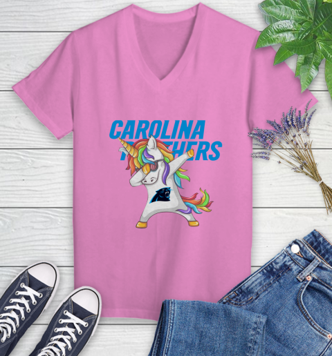 Carolina Panthers NFL Football Funny Unicorn Dabbing Sports Women's V-Neck T-Shirt 14