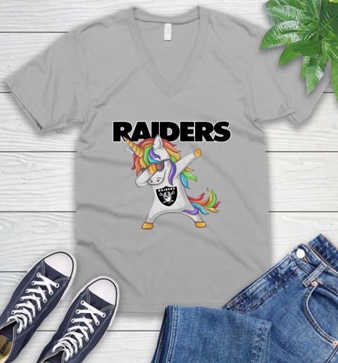 Oakland Raiders NFL Football Funny Unicorn Dabbing Sports V-Neck T-Shirt 4