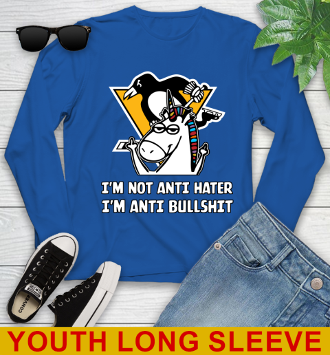 Pittsburgh Penguins NHL Hockey Unicorn I'm Not Anti Hater I'm Anti Bullshit Youth Long Sleeve 10