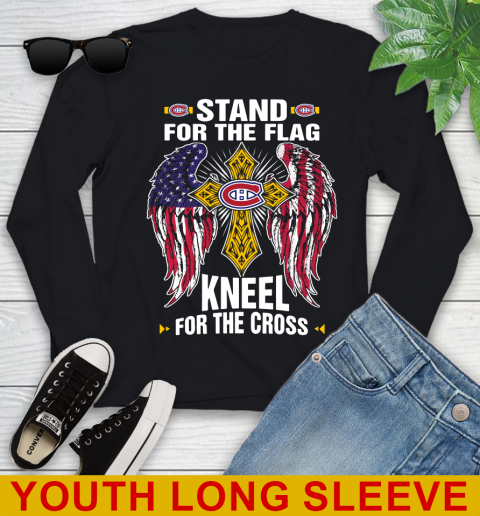 NHL Hockey Montreal Canadiens Stand For Flag Kneel For The Cross Shirt Youth Long Sleeve